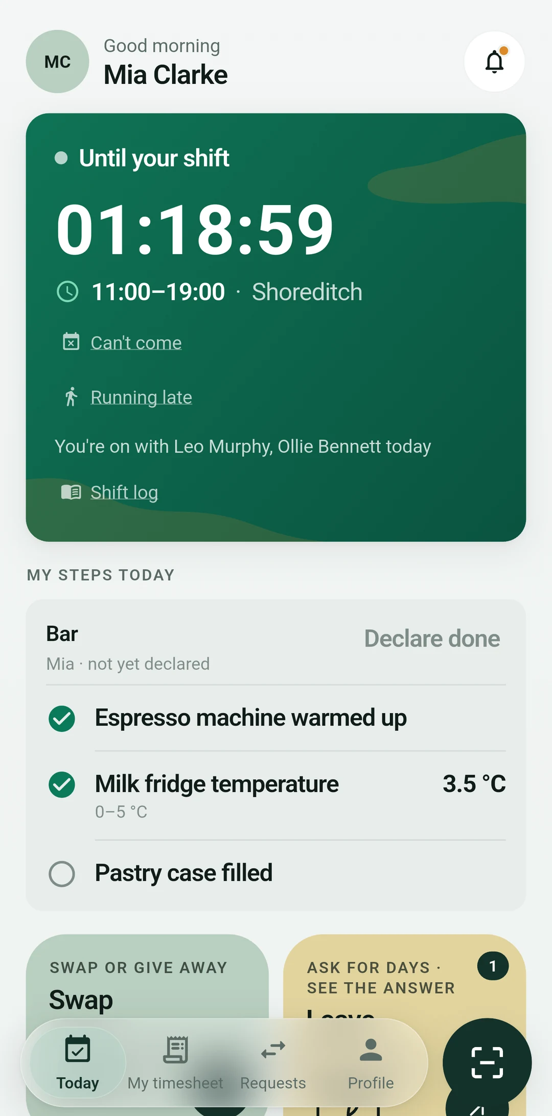 The team member's screen: an on-shift timer, Swap, Leave, Open shifts, Availability